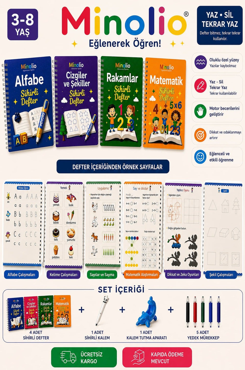 Minolio - Magic Learn Kabartmalı Sihirli Defter – 4 Adet + Sihirli Kalem Hediyeli